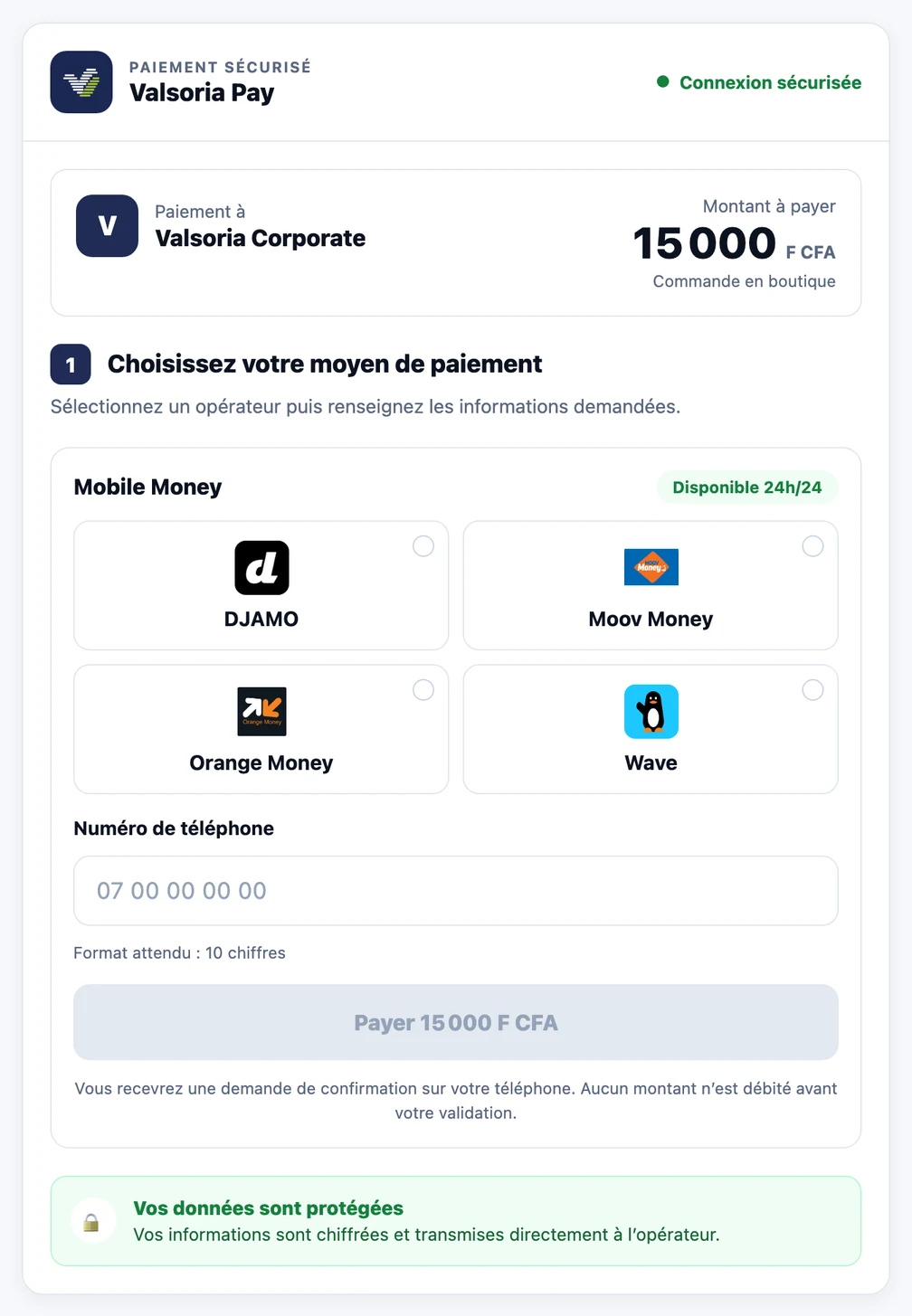La page de paiement Valsoria Pay : marchand, montant, choix de l’opérateur Mobile Money et numéro de téléphone